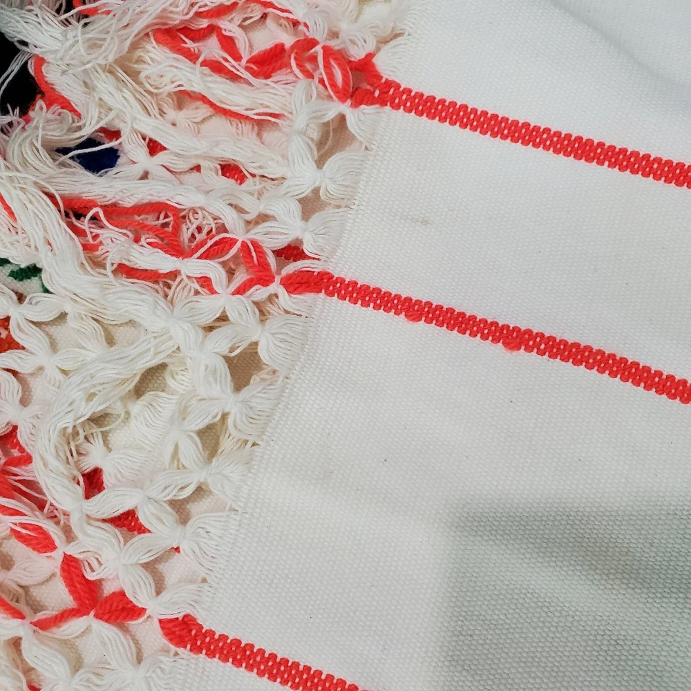Hand Embroidered Table Runner Aztec Western Mexican Style Fringe Colorful